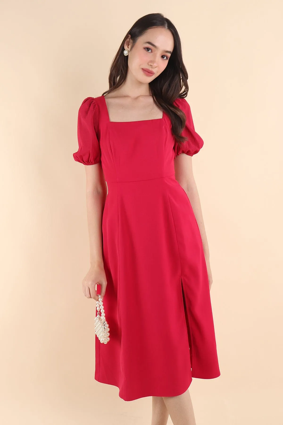 JANELYN SLEEVE MIDI DRESS IN BARBIE PINK