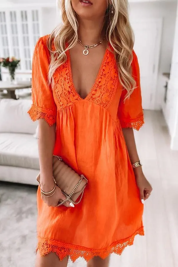 Lace Hem V Neck Mini Dress