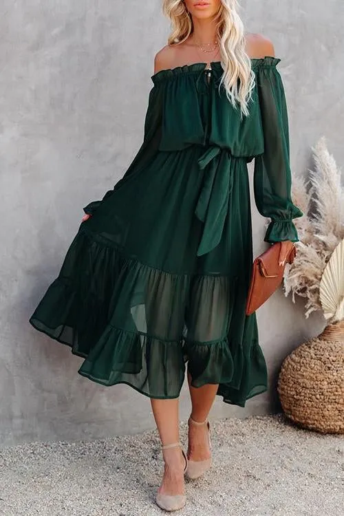 Layer Ruffles Off Shoulder Belted Maxi Dress