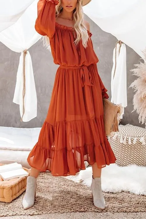 Layer Ruffles Off Shoulder Belted Maxi Dress