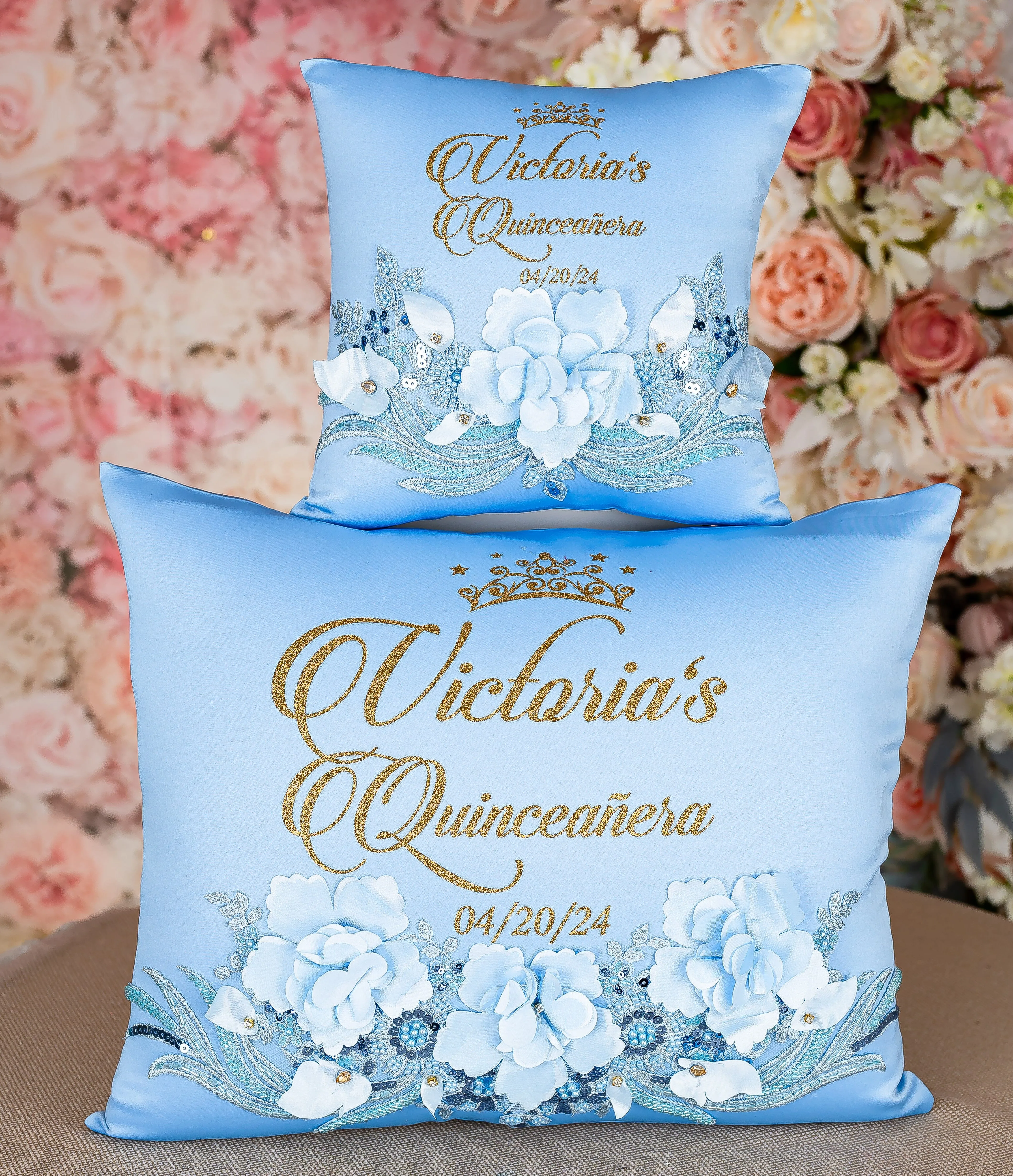 Light Blue Gold quinceanera pillows set