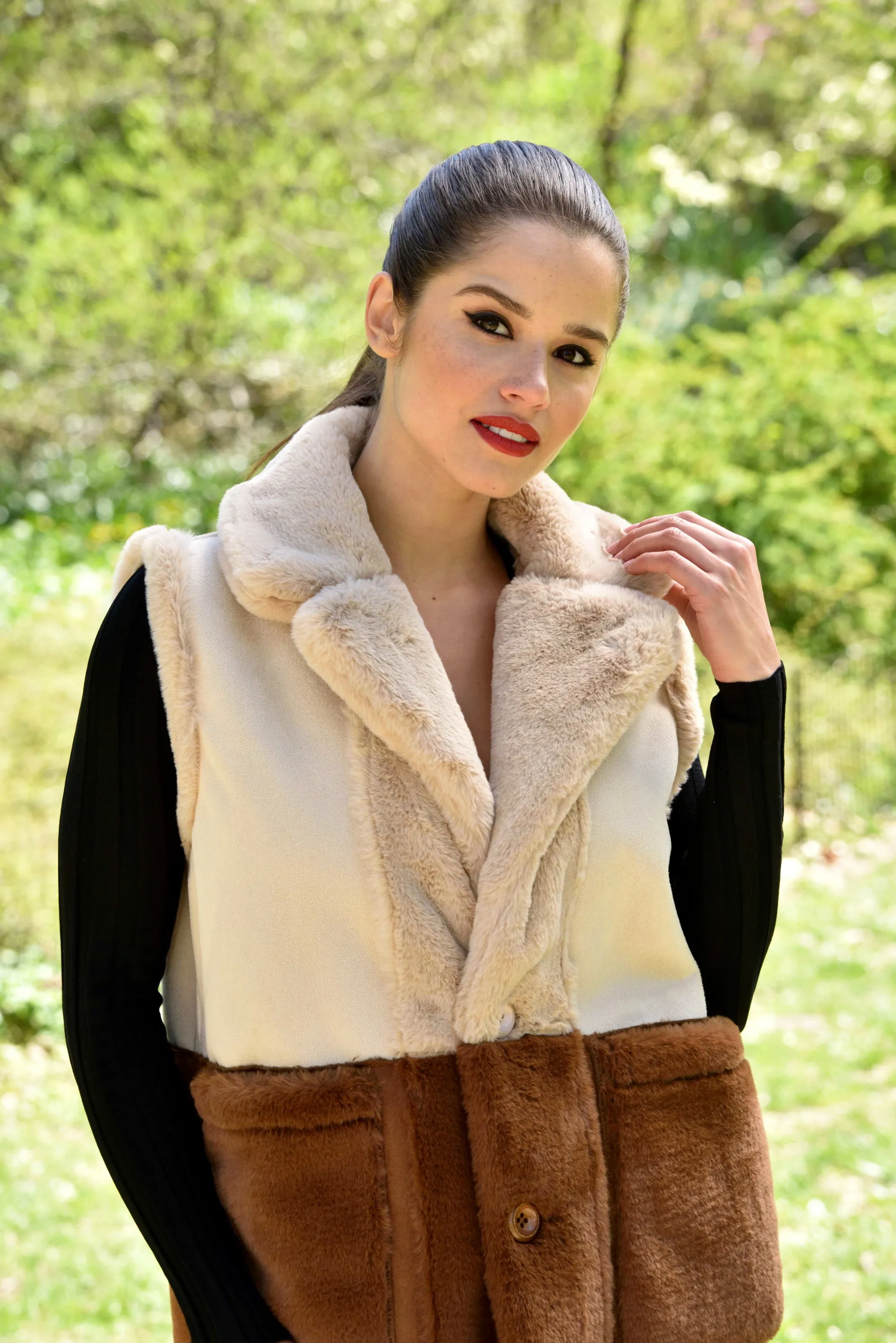 Long Faux Fur Reversible Vest - Taupe/Brown