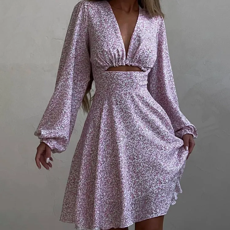 Long-Sleeved V-Neck pink Dress