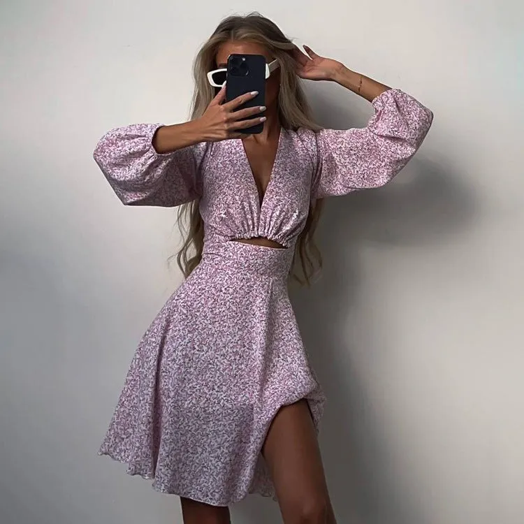 Long-Sleeved V-Neck pink Dress