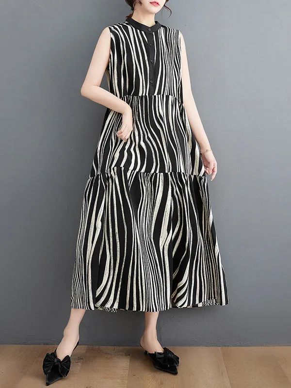 Loose Sleeveless Striped Stand Collar Midi Dresses