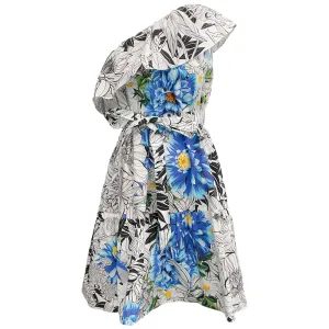 Mary Katrantzou White / Blue Floral One Shoulder Dress