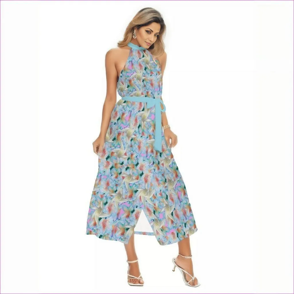 Midnight Floral Womens Wrap Hem Belted Halter Dress