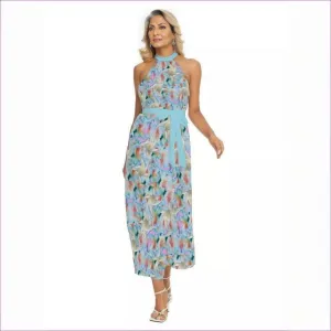 Midnight Floral Womens Wrap Hem Belted Halter Dress