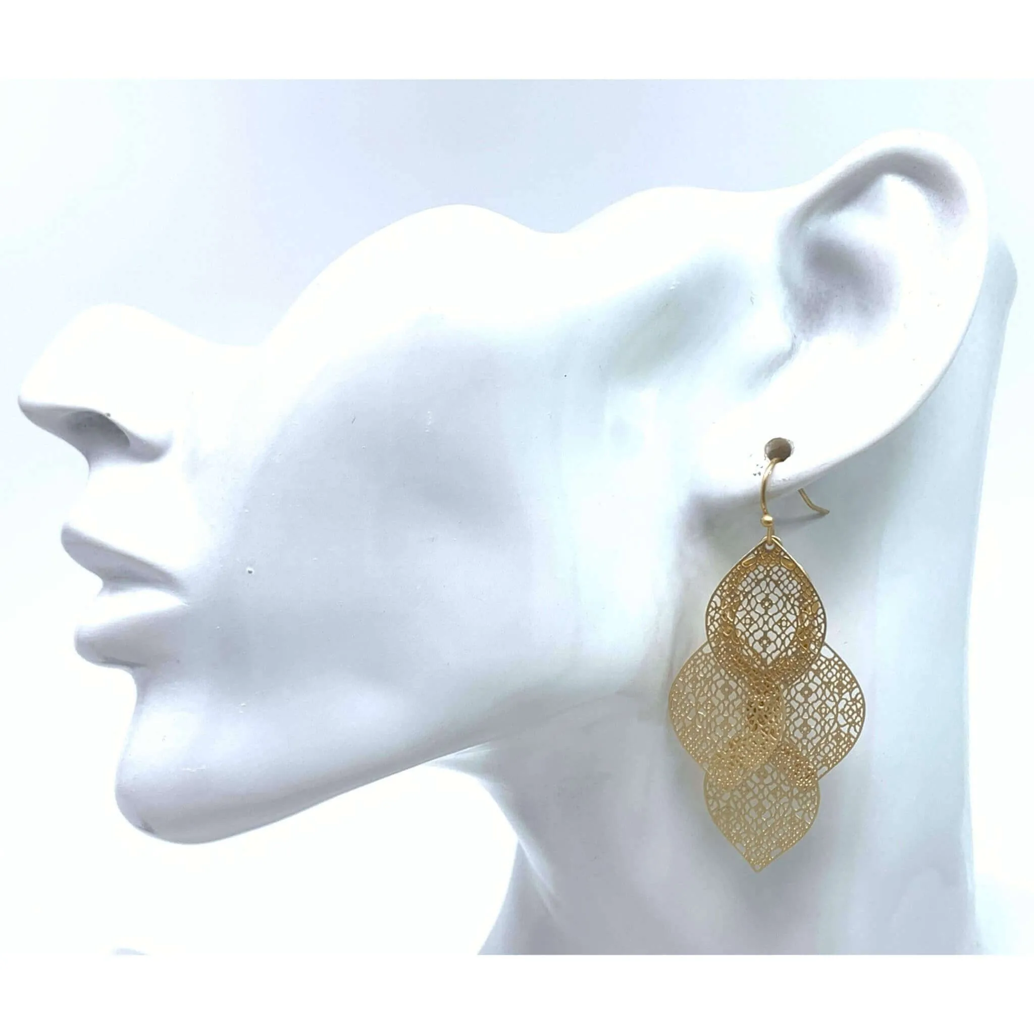 Multi-Layer Gold Filigree Leaf Chandelier Earrings