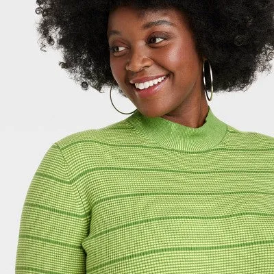 New - Black History Month Women's Long Sleeve House of Aama High Neck Maxi Knit Dress - Green Striped 2X