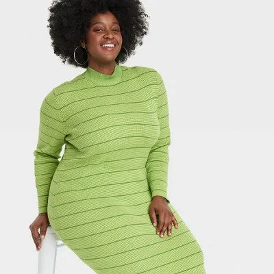 New - Black History Month Women's Long Sleeve House of Aama High Neck Maxi Knit Dress - Green Striped 2X