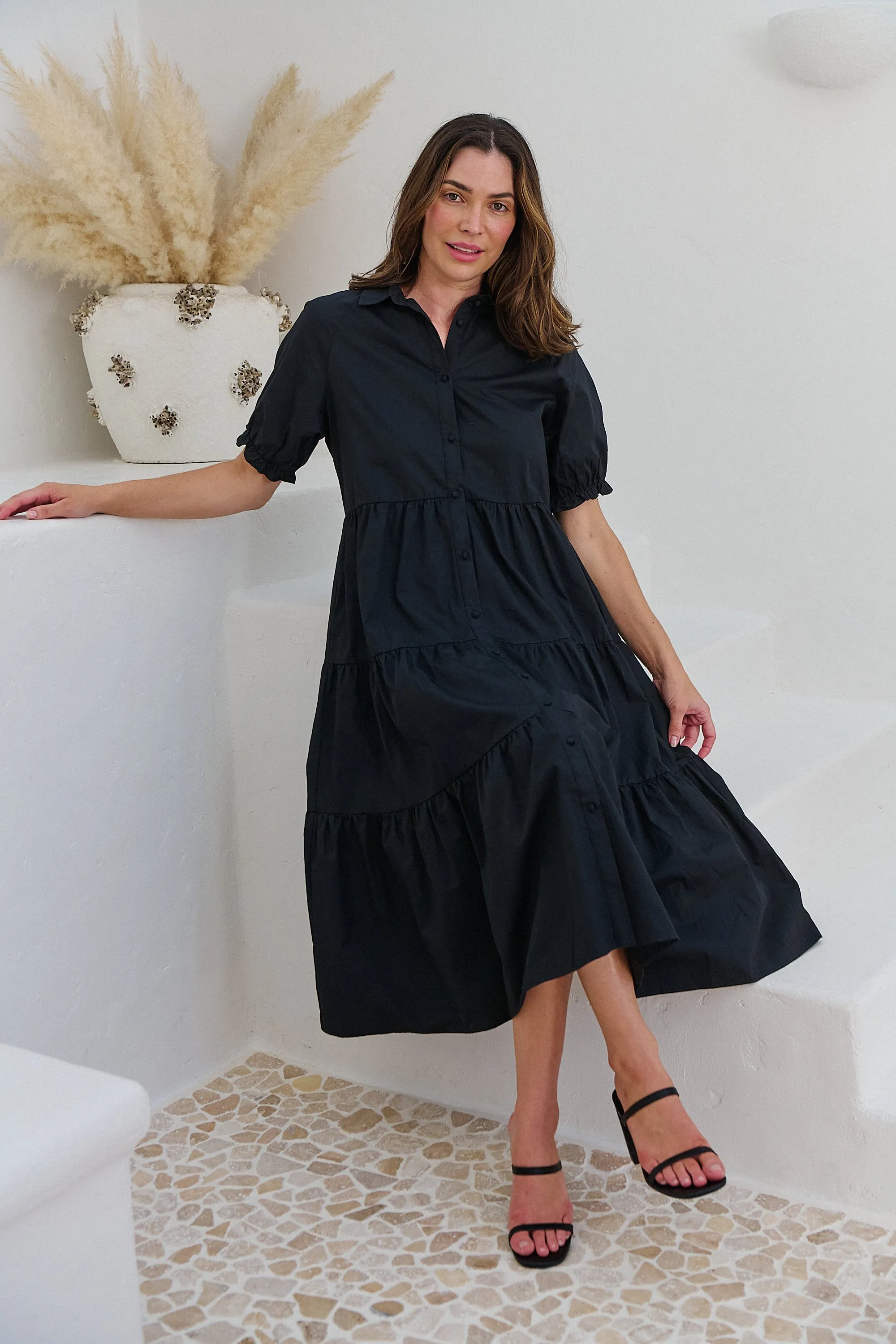 Nyomi Puff Sleeve Black Button Midi Tiered Dress