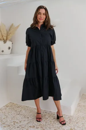 Nyomi Puff Sleeve Black Button Midi Tiered Dress