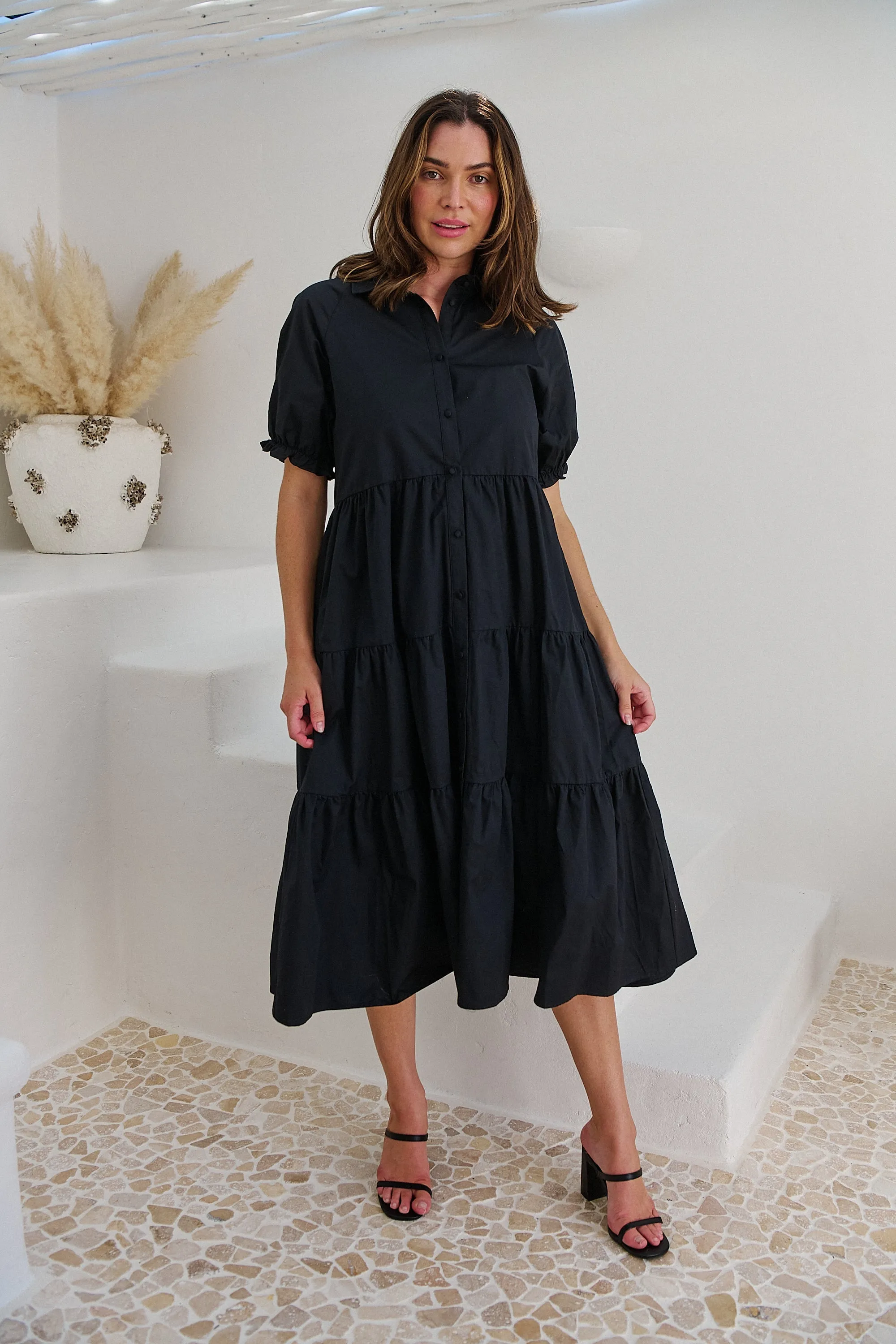 Nyomi Puff Sleeve Black Button Midi Tiered Dress