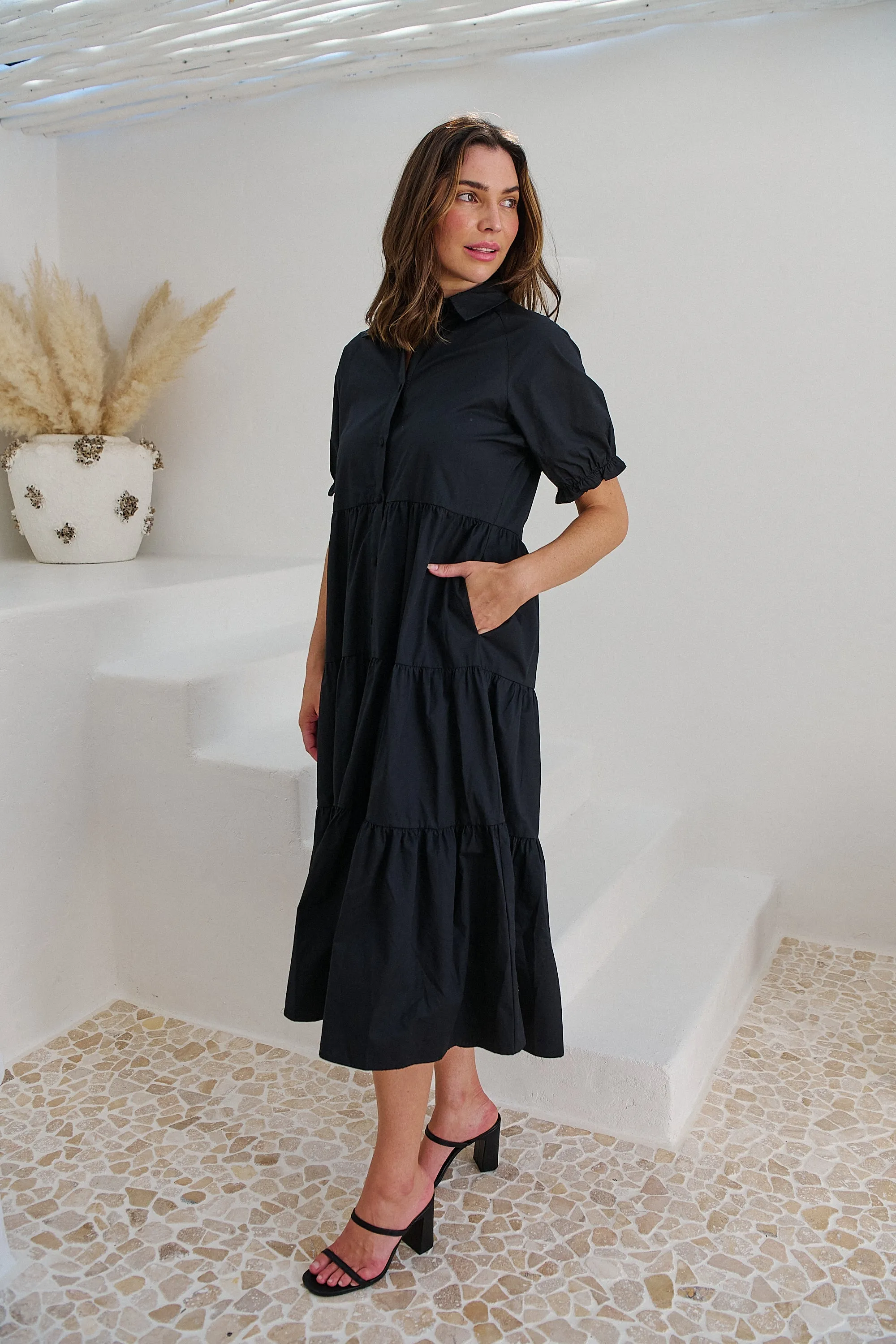 Nyomi Puff Sleeve Black Button Midi Tiered Dress