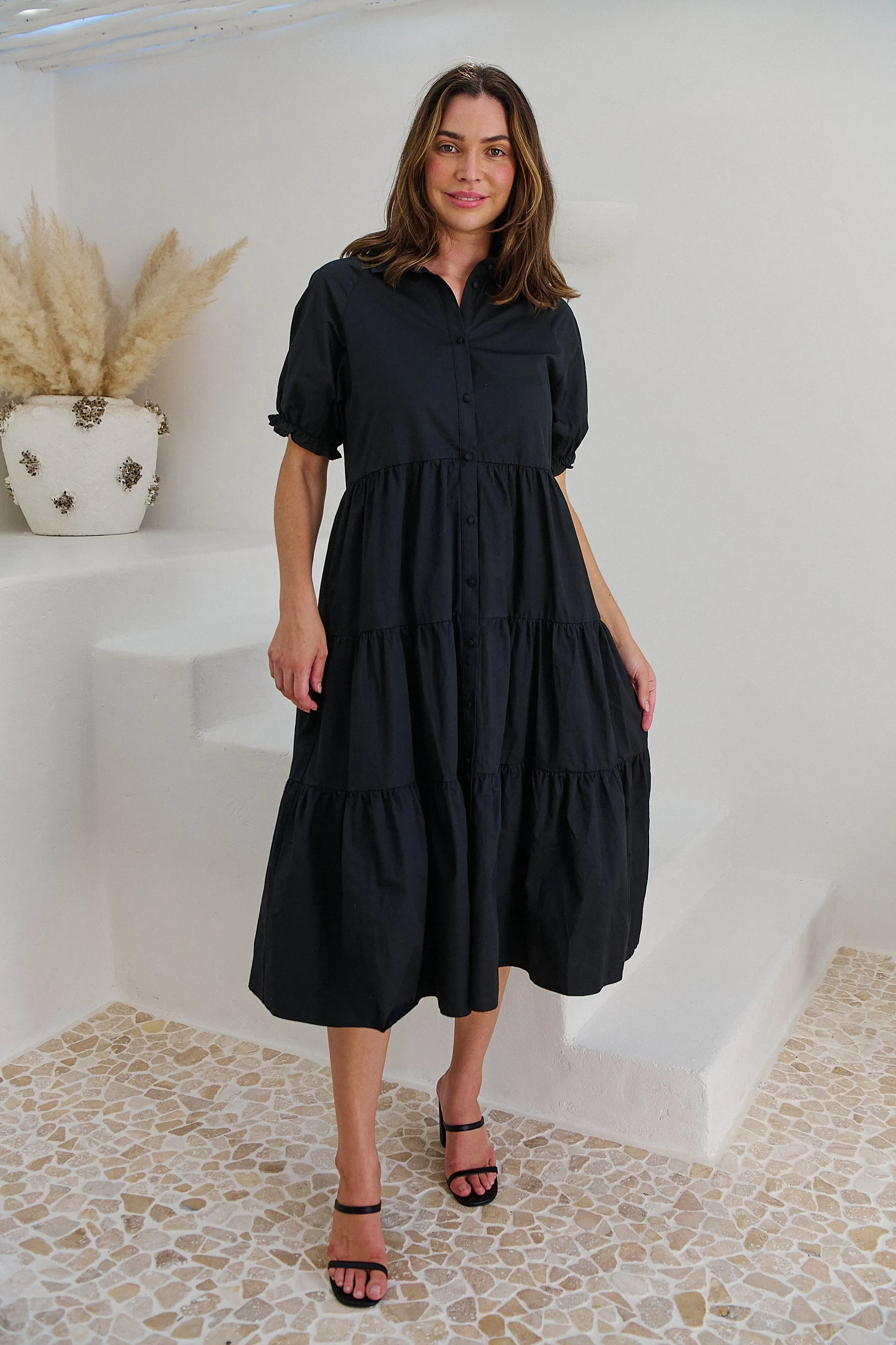 Nyomi Puff Sleeve Black Button Midi Tiered Dress