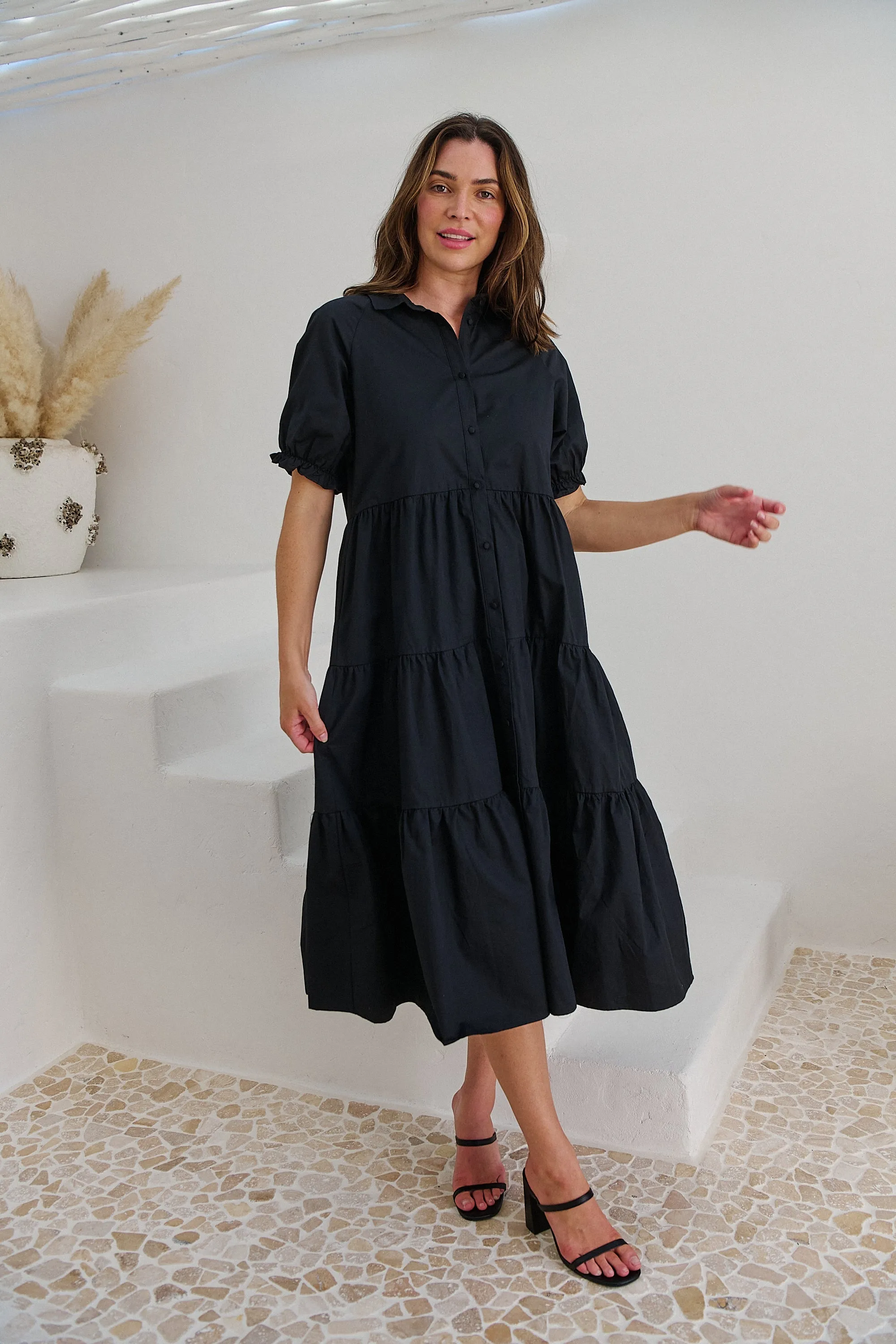 Nyomi Puff Sleeve Black Button Midi Tiered Dress