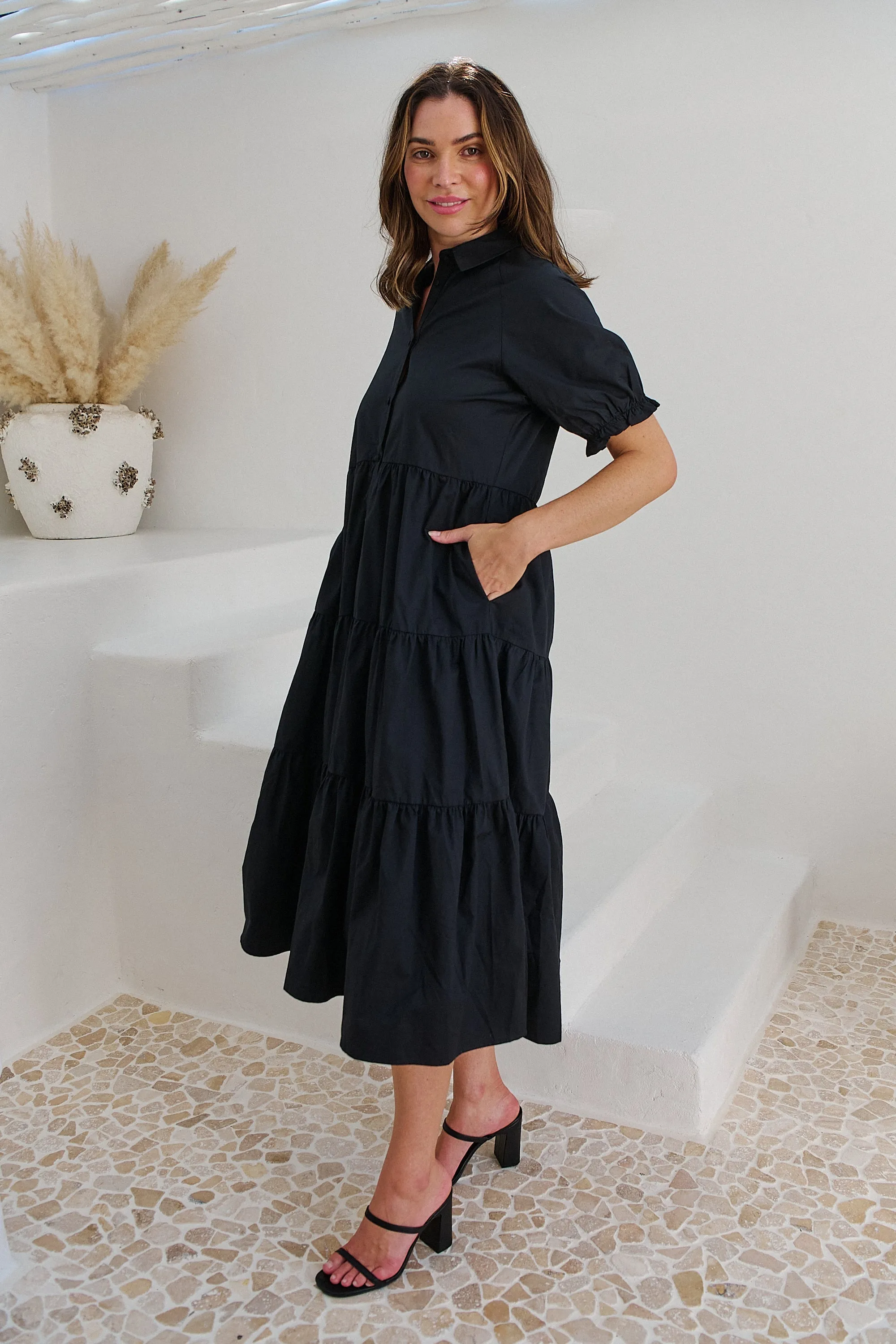 Nyomi Puff Sleeve Black Button Midi Tiered Dress