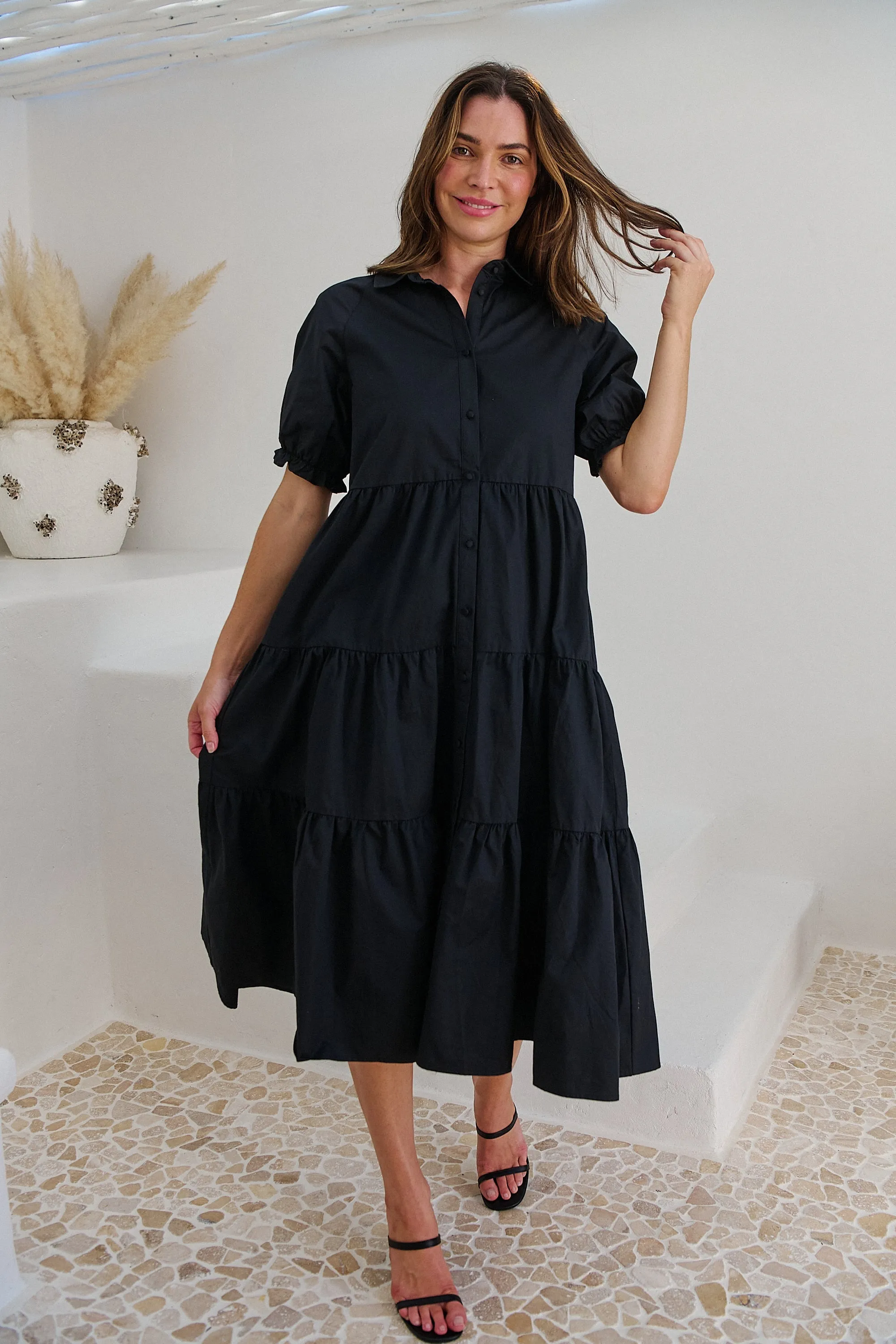 Nyomi Puff Sleeve Black Button Midi Tiered Dress