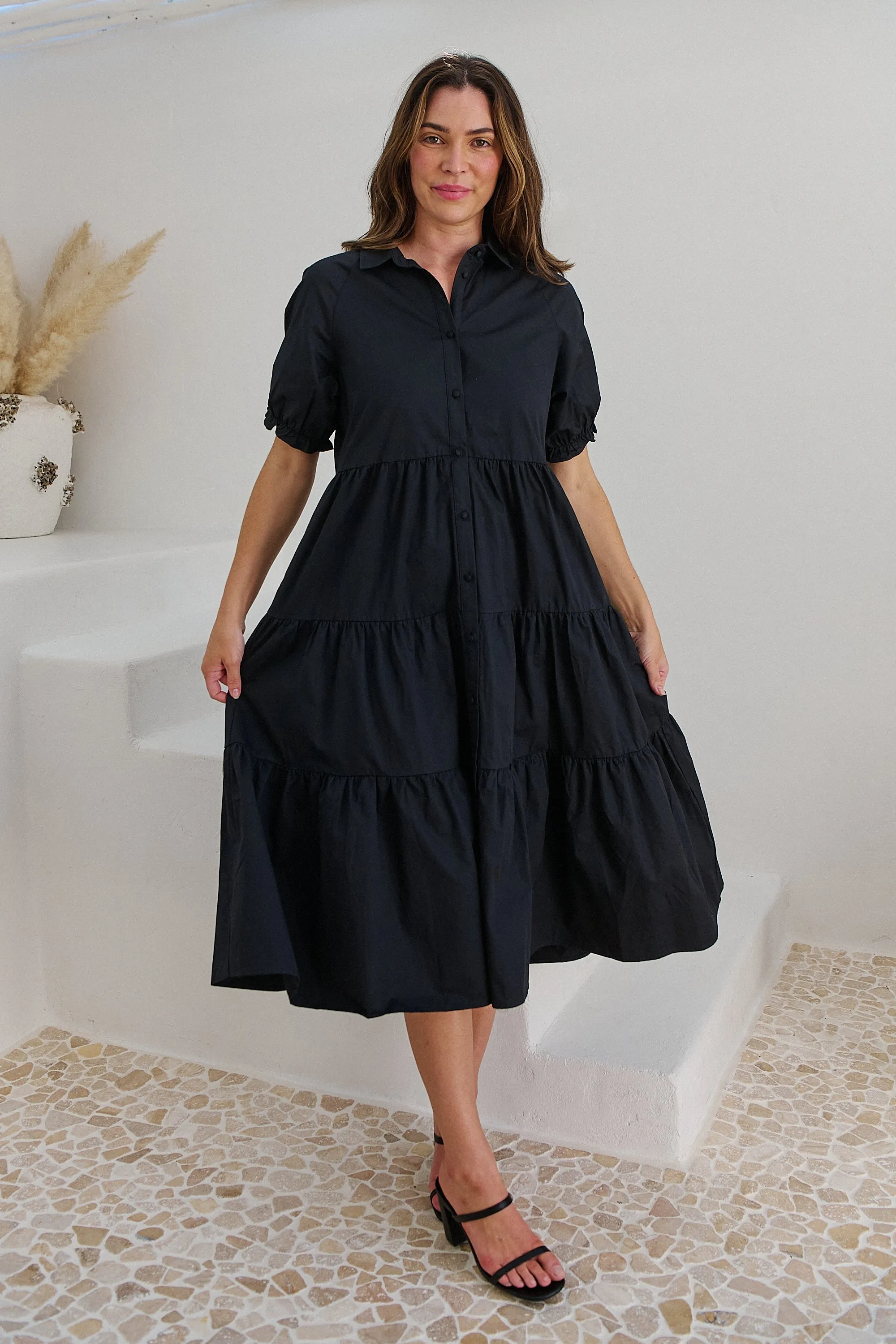 Nyomi Puff Sleeve Black Button Midi Tiered Dress