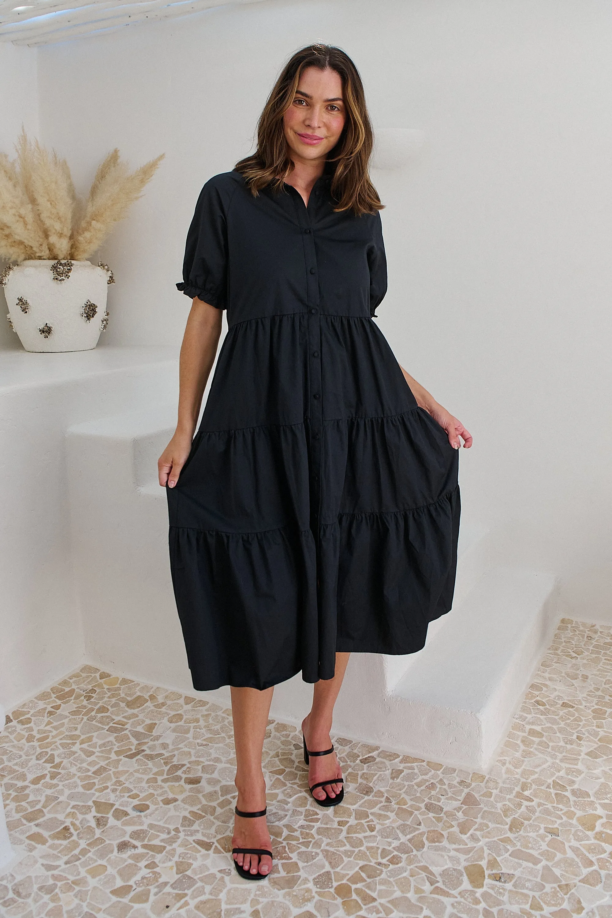 Nyomi Puff Sleeve Black Button Midi Tiered Dress