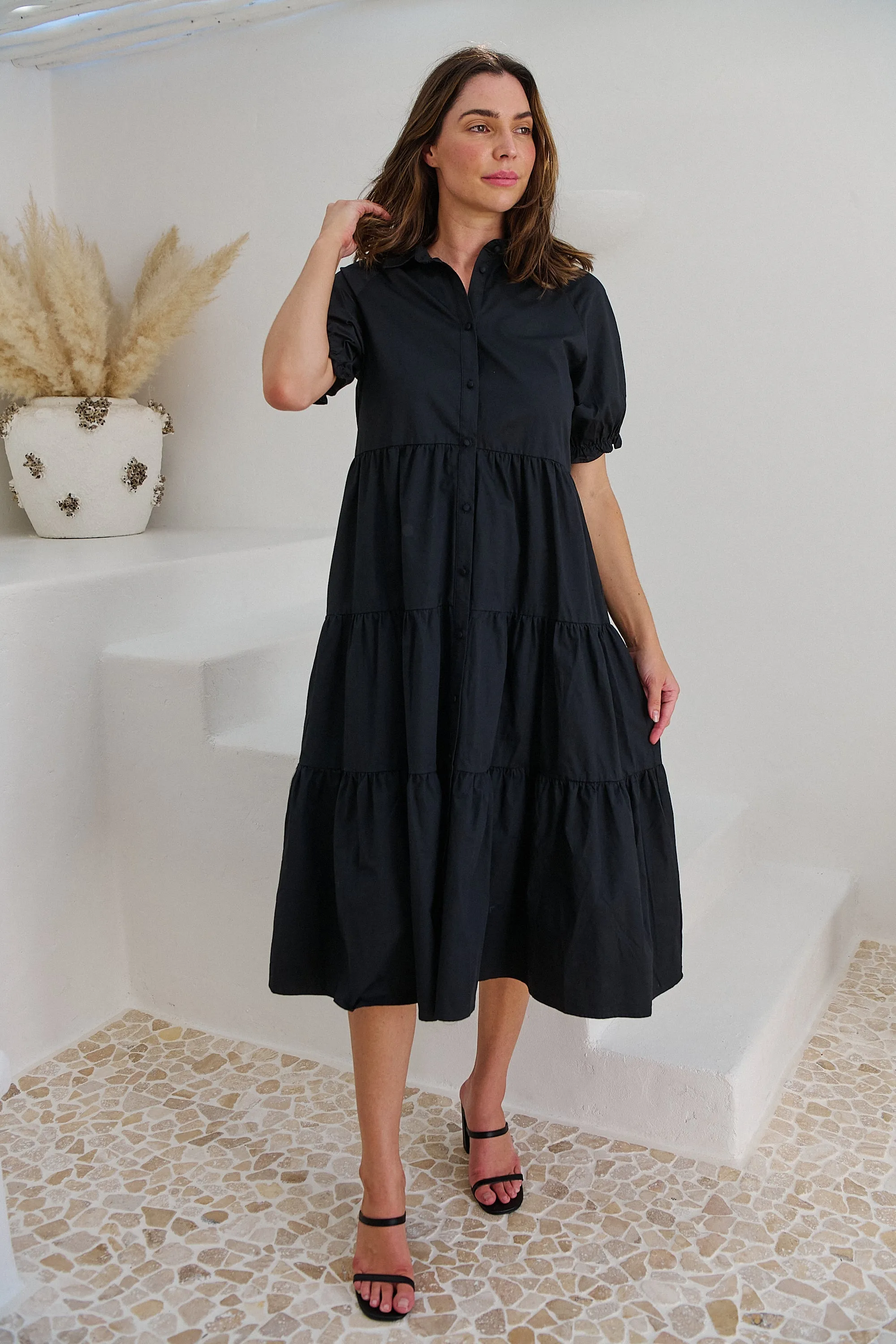 Nyomi Puff Sleeve Black Button Midi Tiered Dress