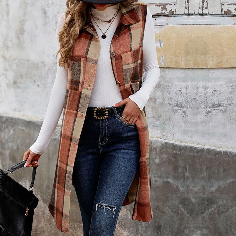 PEOPLETERRITORY New autumn and winter new sleeveless lapel cardigan jacket   trade retro medium and long  plaid vest