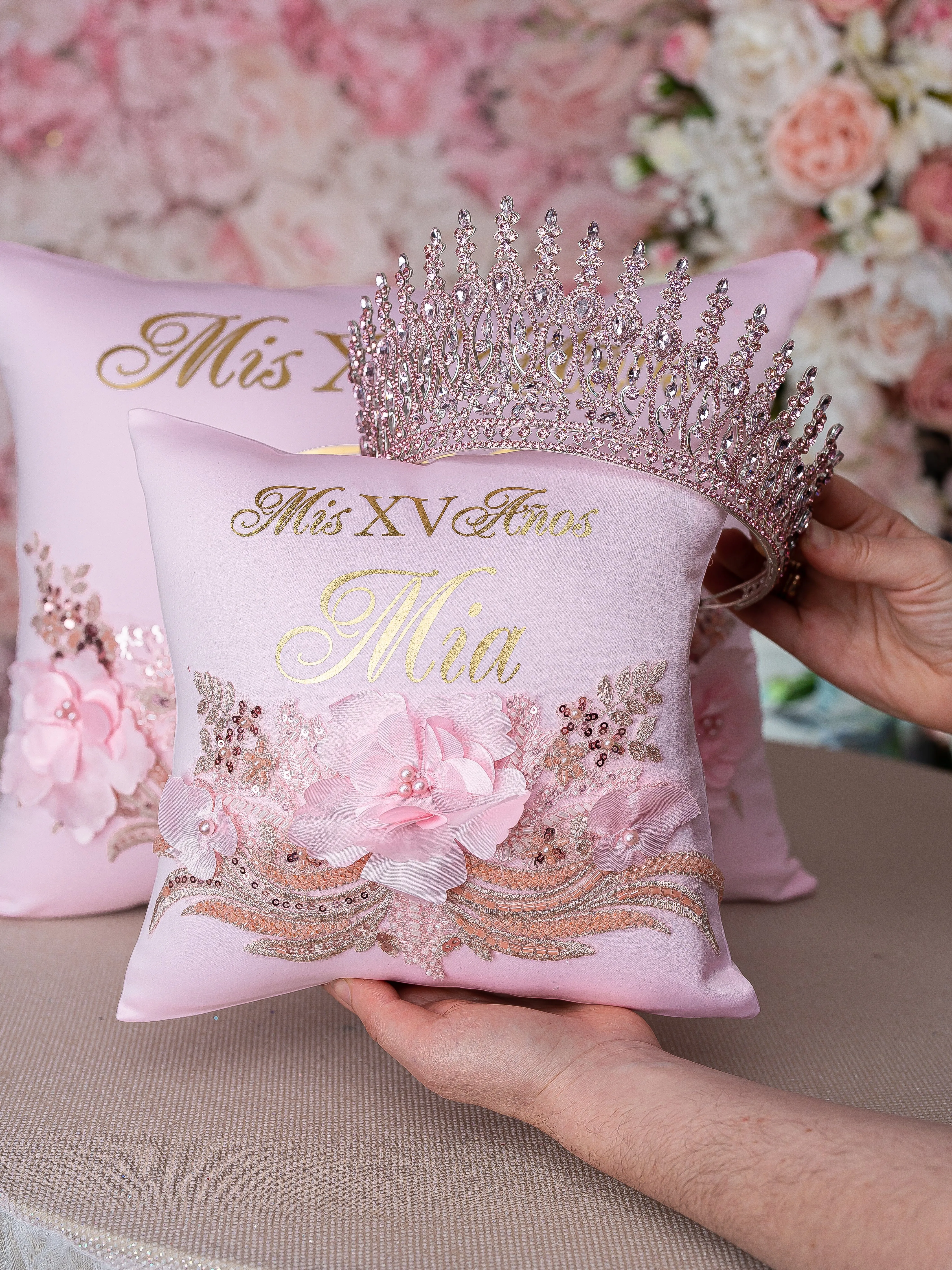 Pink and Gold quinceanera kneeling pillow, shoes pillow