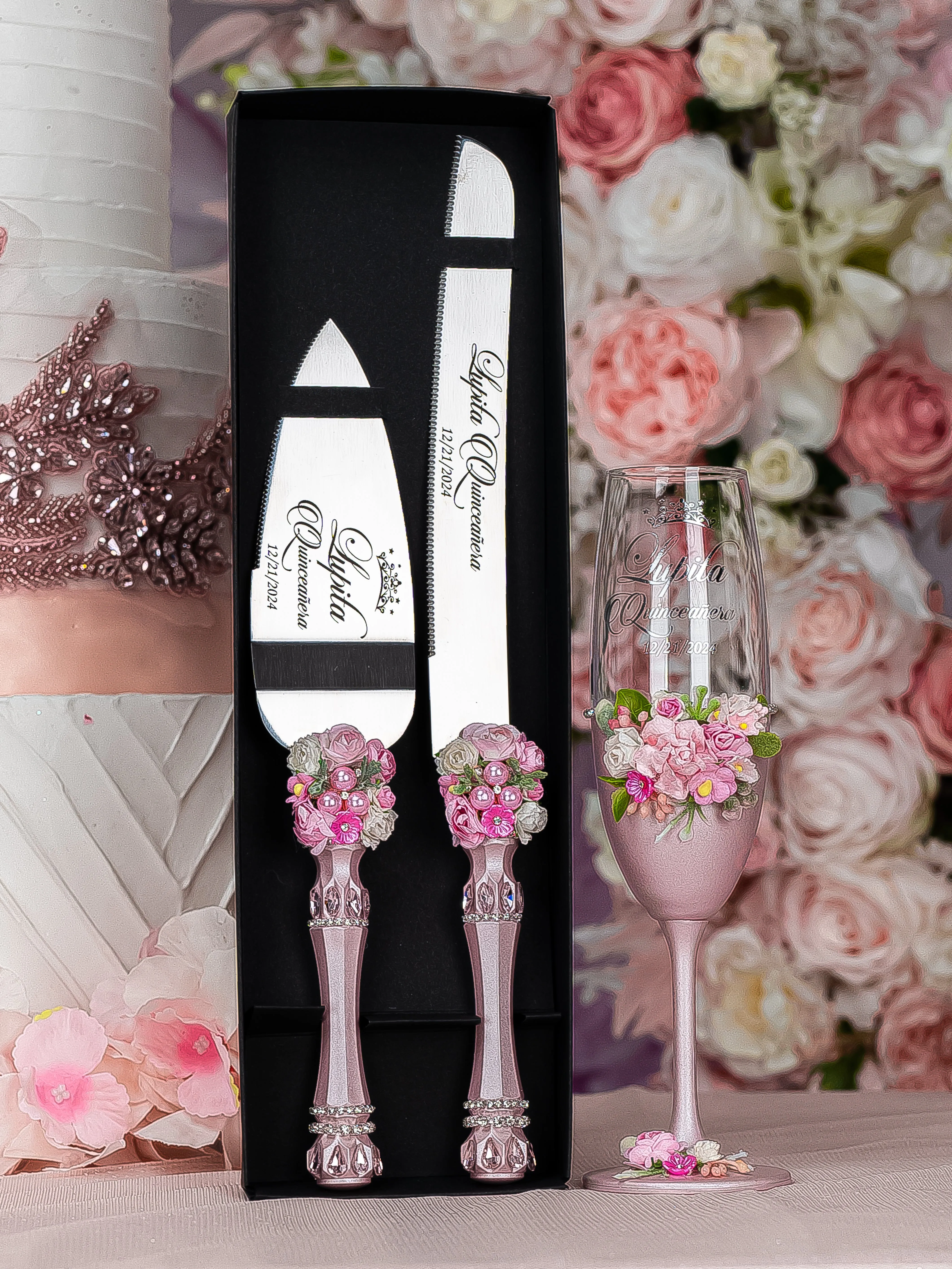 Pink blush floral Quinceanera cake knife set with plate and fork