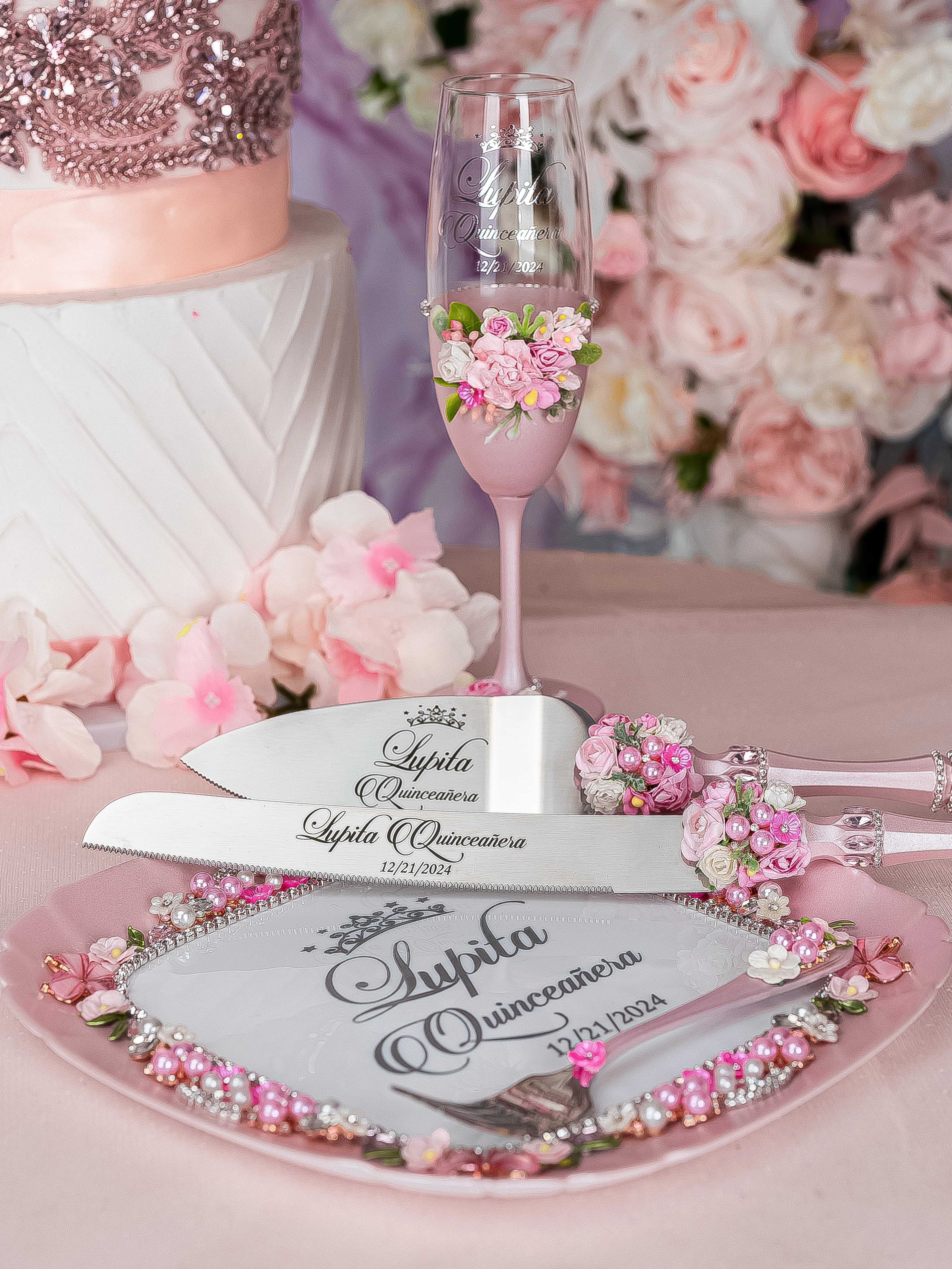 Pink blush floral Quinceanera cake knife set with plate and fork