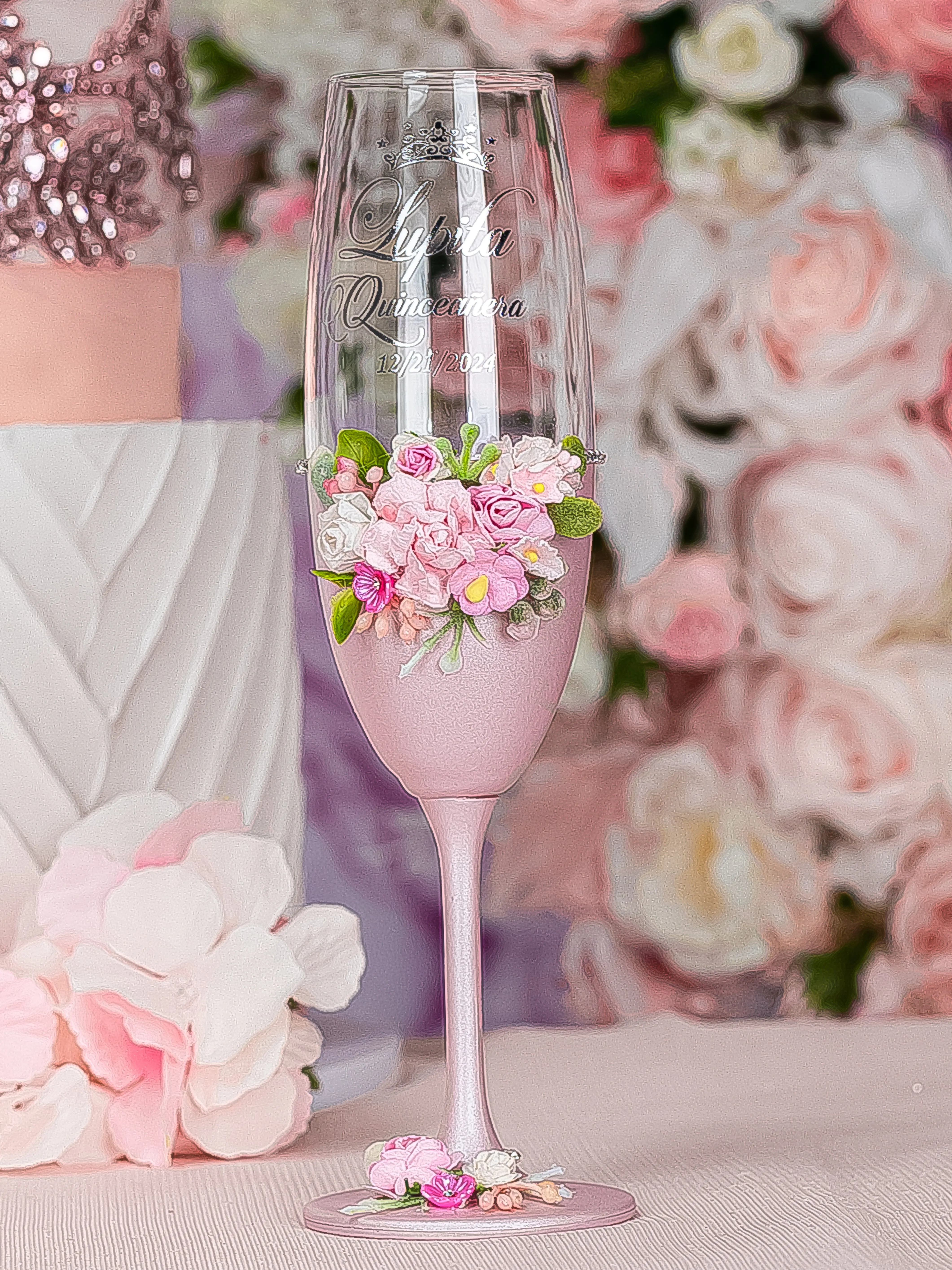 Pink blush floral Quinceanera cake knife set with plate and fork