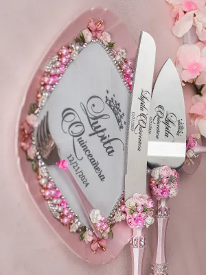 Pink blush floral Quinceanera cake knife set with plate and fork