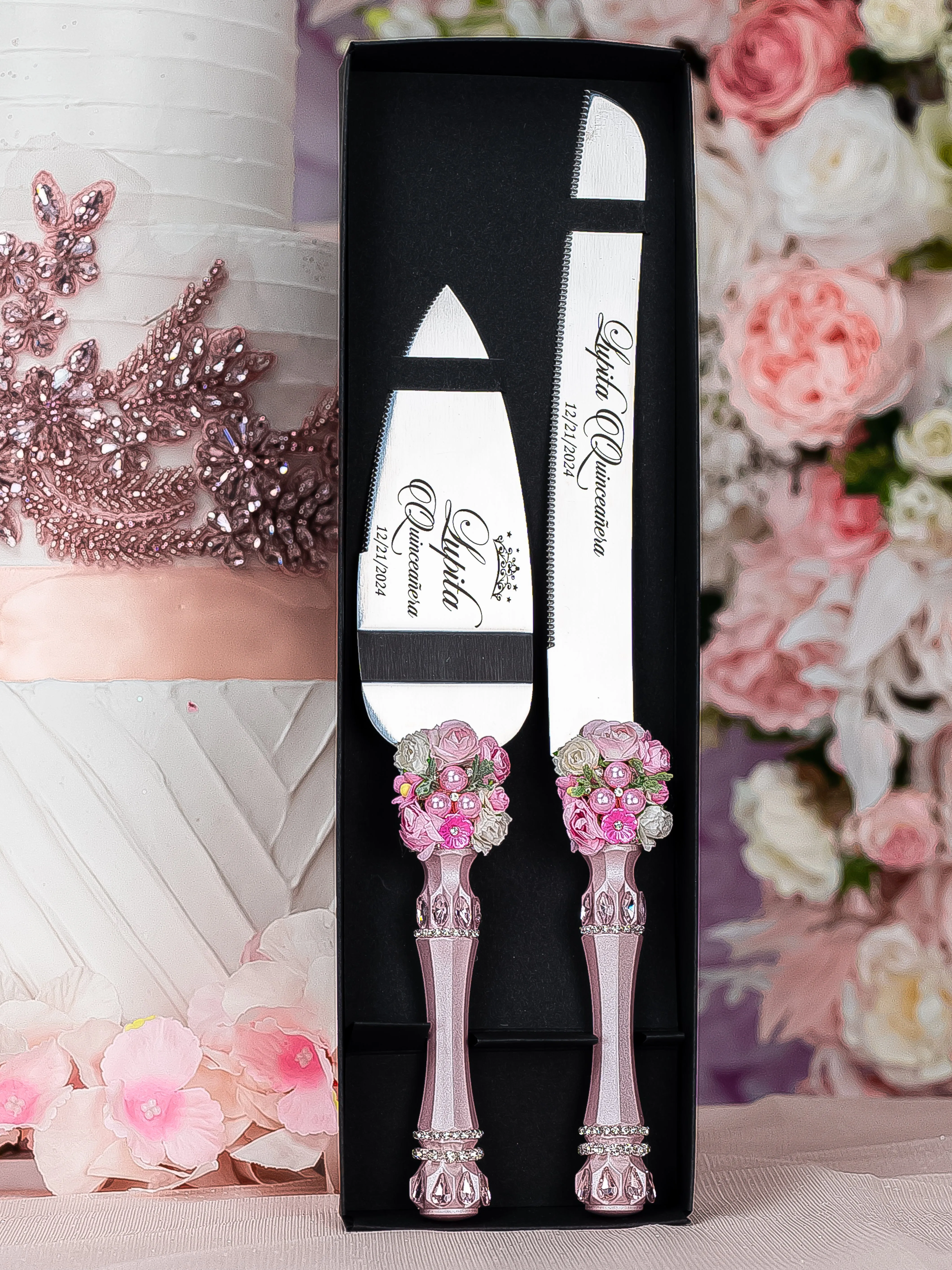 Pink blush floral Quinceanera cake knife set with plate and fork