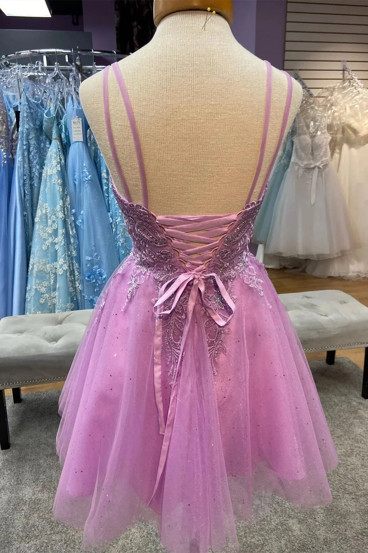 Pink Plunge  V neck Tulle Homecoming Dress