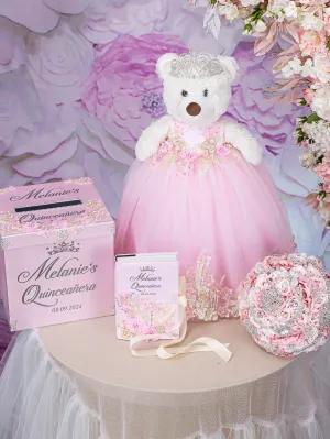 Pink Quinceanera bear, cardbox, bible and bouquet 9 inches