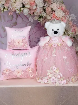 Pink with flowers Quinceanera pillows set and teddy bear