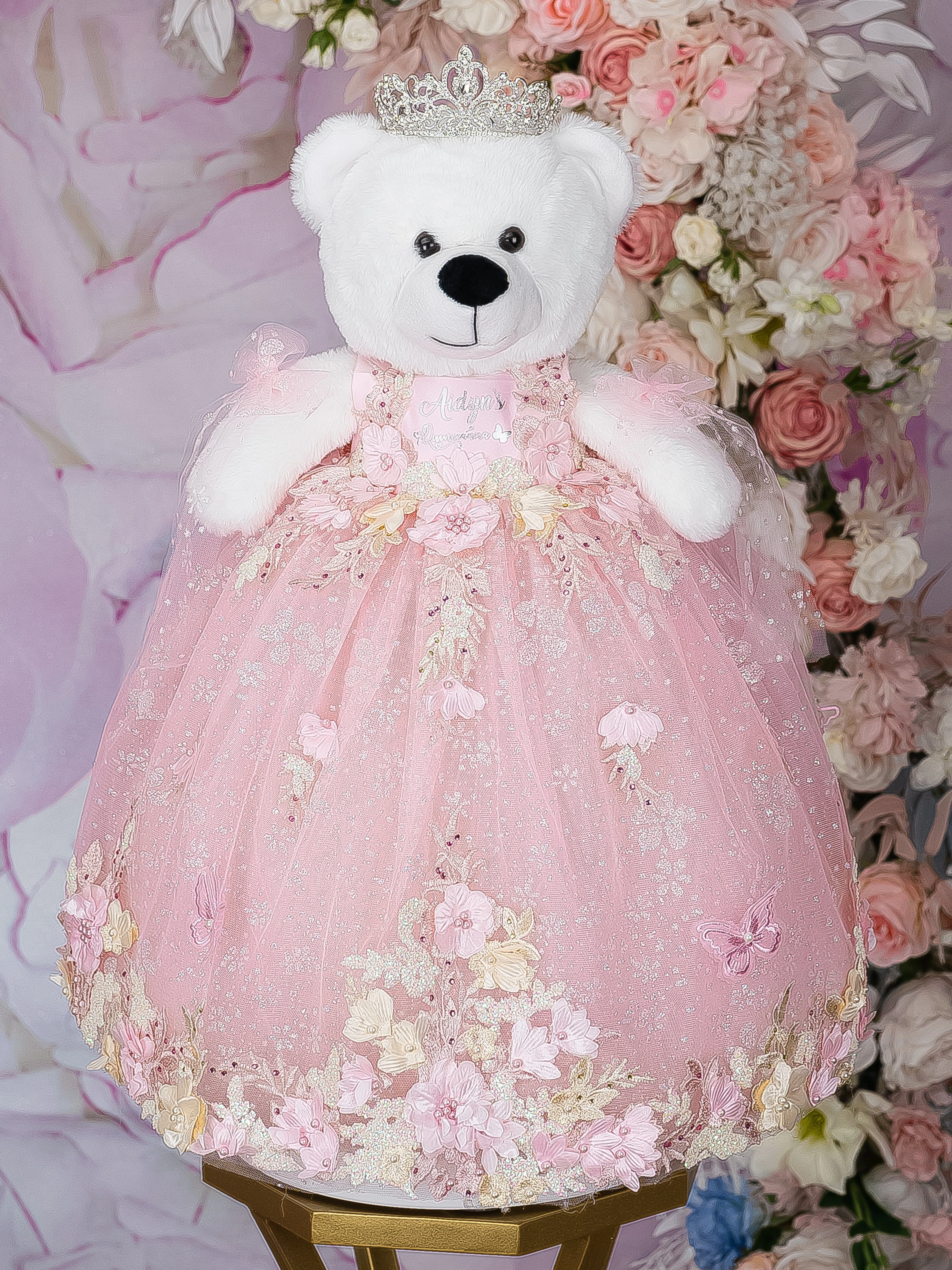 Pink with flowers Quinceanera pillows set and teddy bear