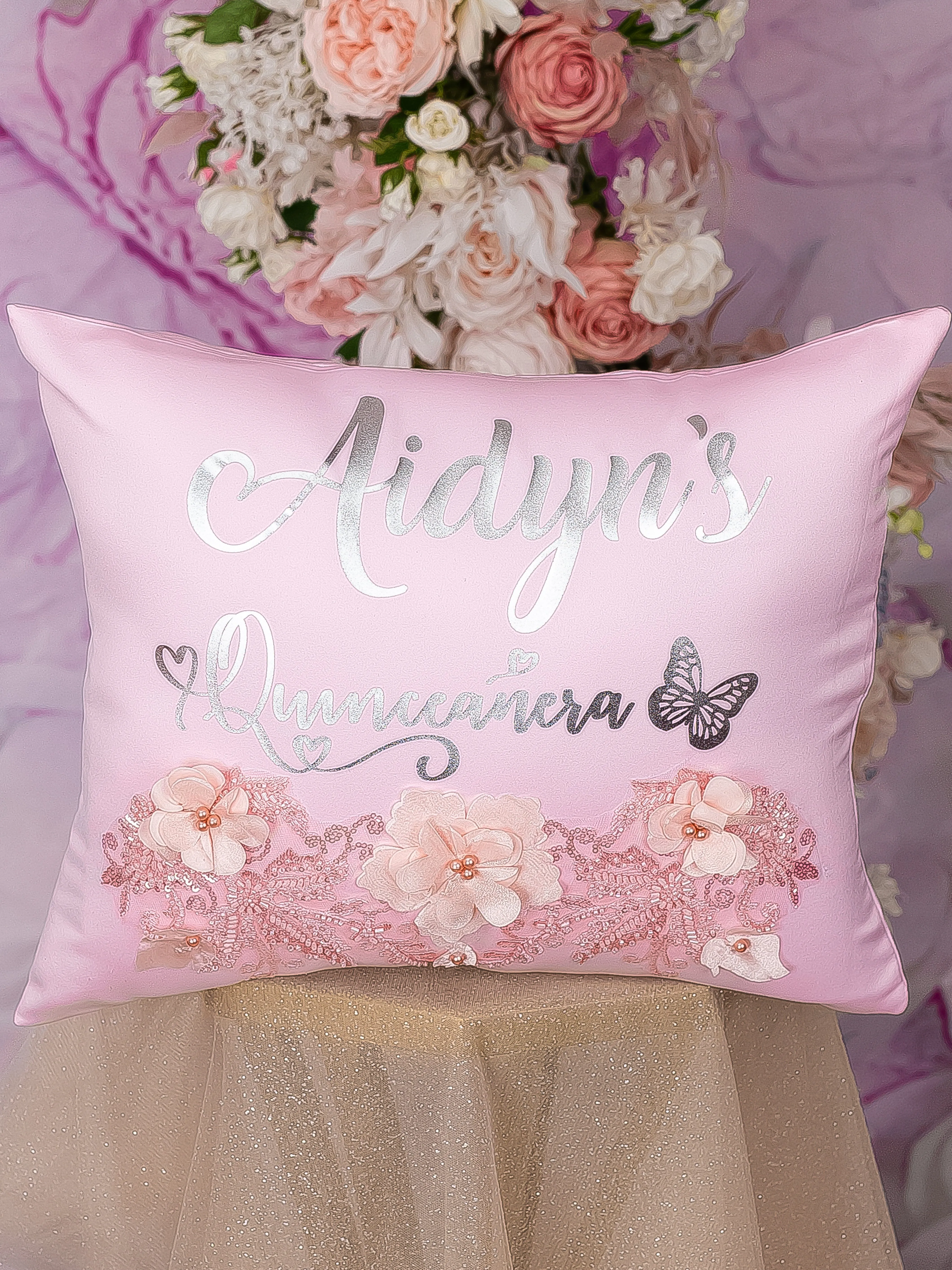 Pink with flowers Quinceanera pillows set and teddy bear