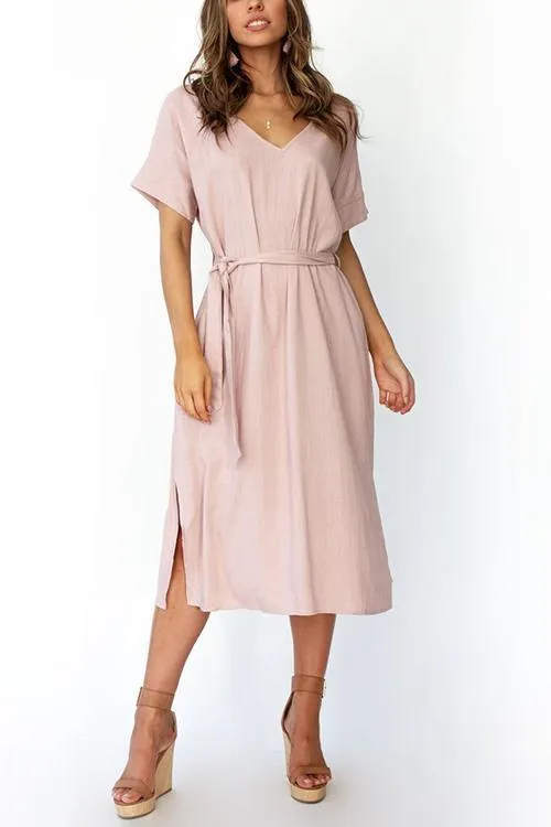 Pockets Side Slit Belted Dress