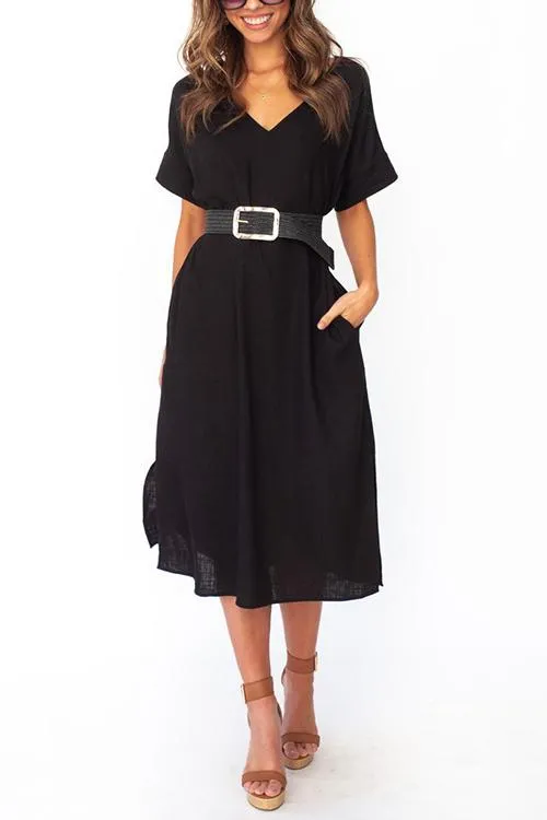 Pockets Side Slit Belted Dress