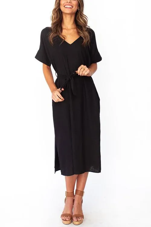 Pockets Side Slit Belted Dress