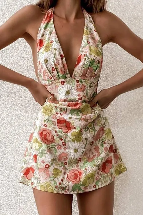 Print Halter Neck Backless Mini Dress