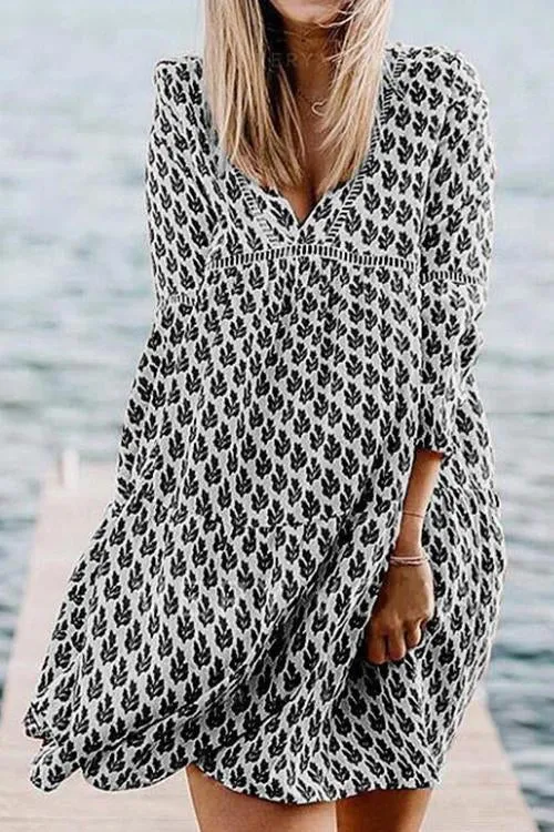 Print V Neck Loose Mini Dress