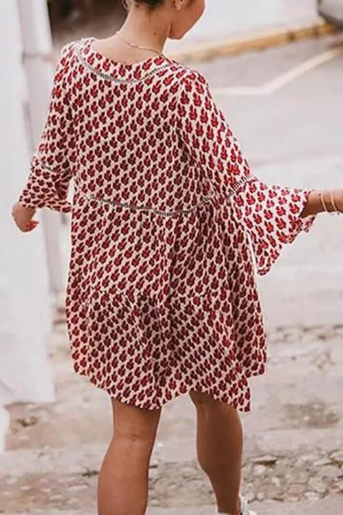 Print V Neck Loose Mini Dress