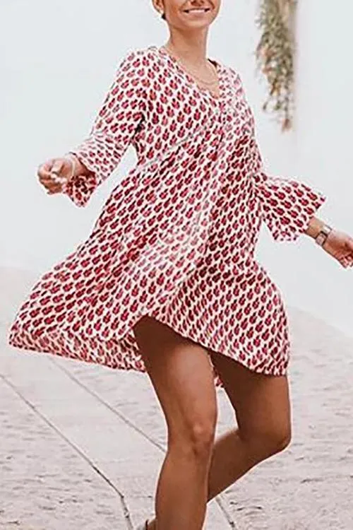 Print V Neck Loose Mini Dress