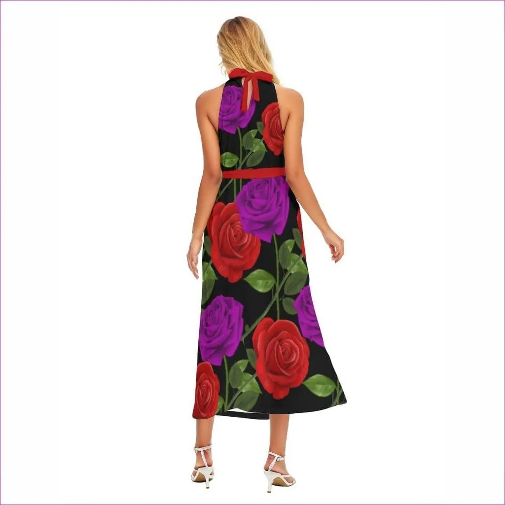 Red Rose Purp Women's Black Wrap Hem Belted Halter Dress