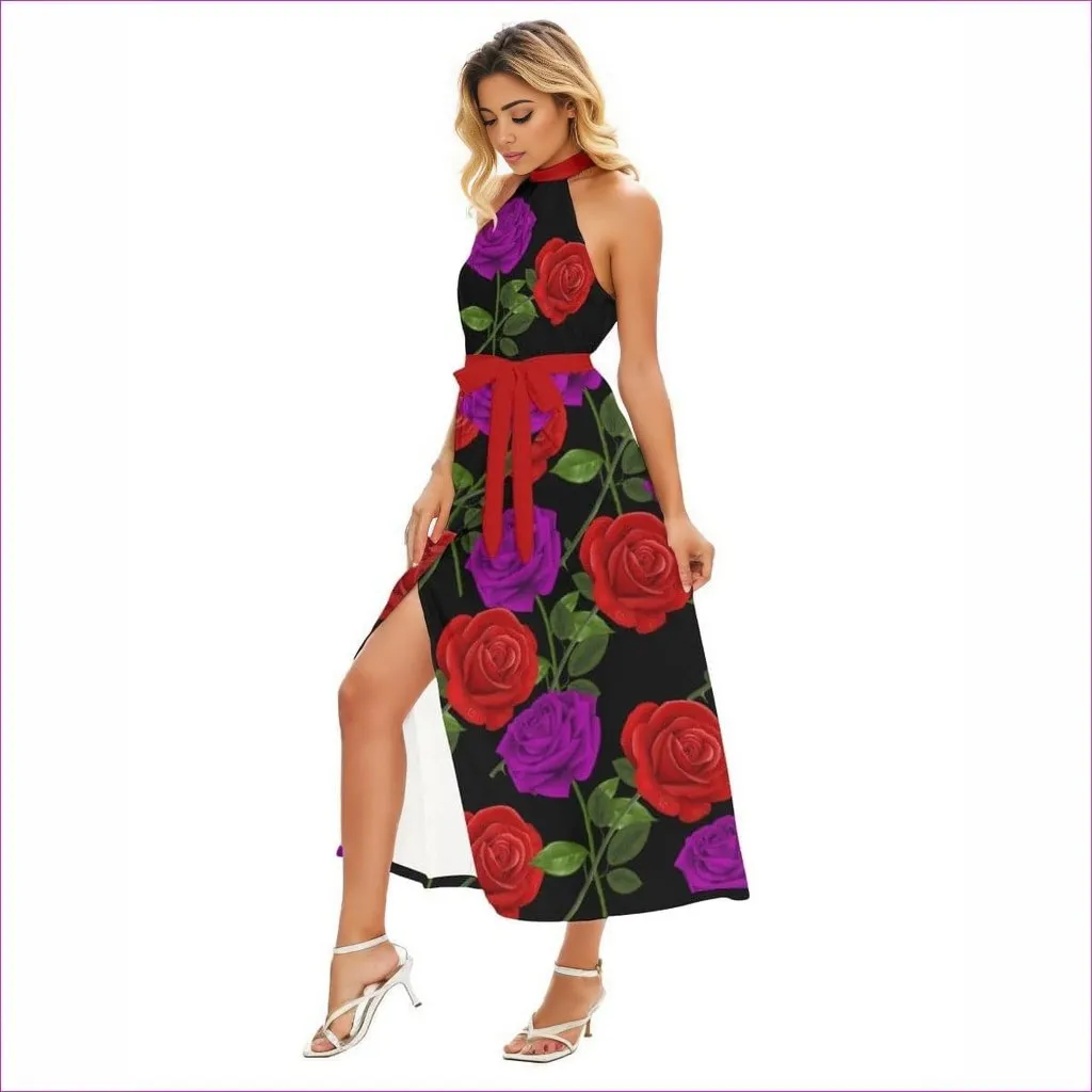 Red Rose Purp Women's Black Wrap Hem Belted Halter Dress