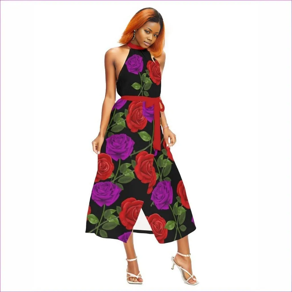 Red Rose Purp Women's Black Wrap Hem Belted Halter Dress