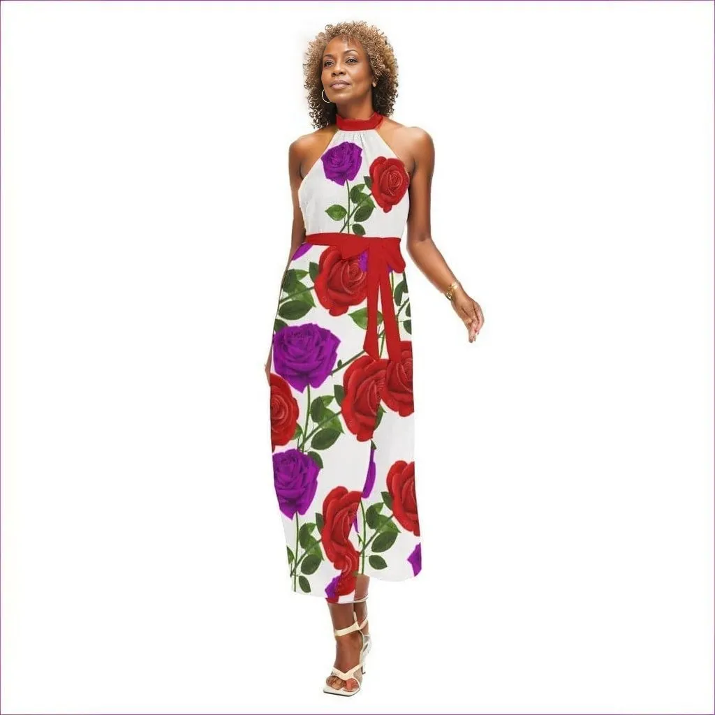 Red Rose Purp Women's Wrap Hem Belted Halter Dress