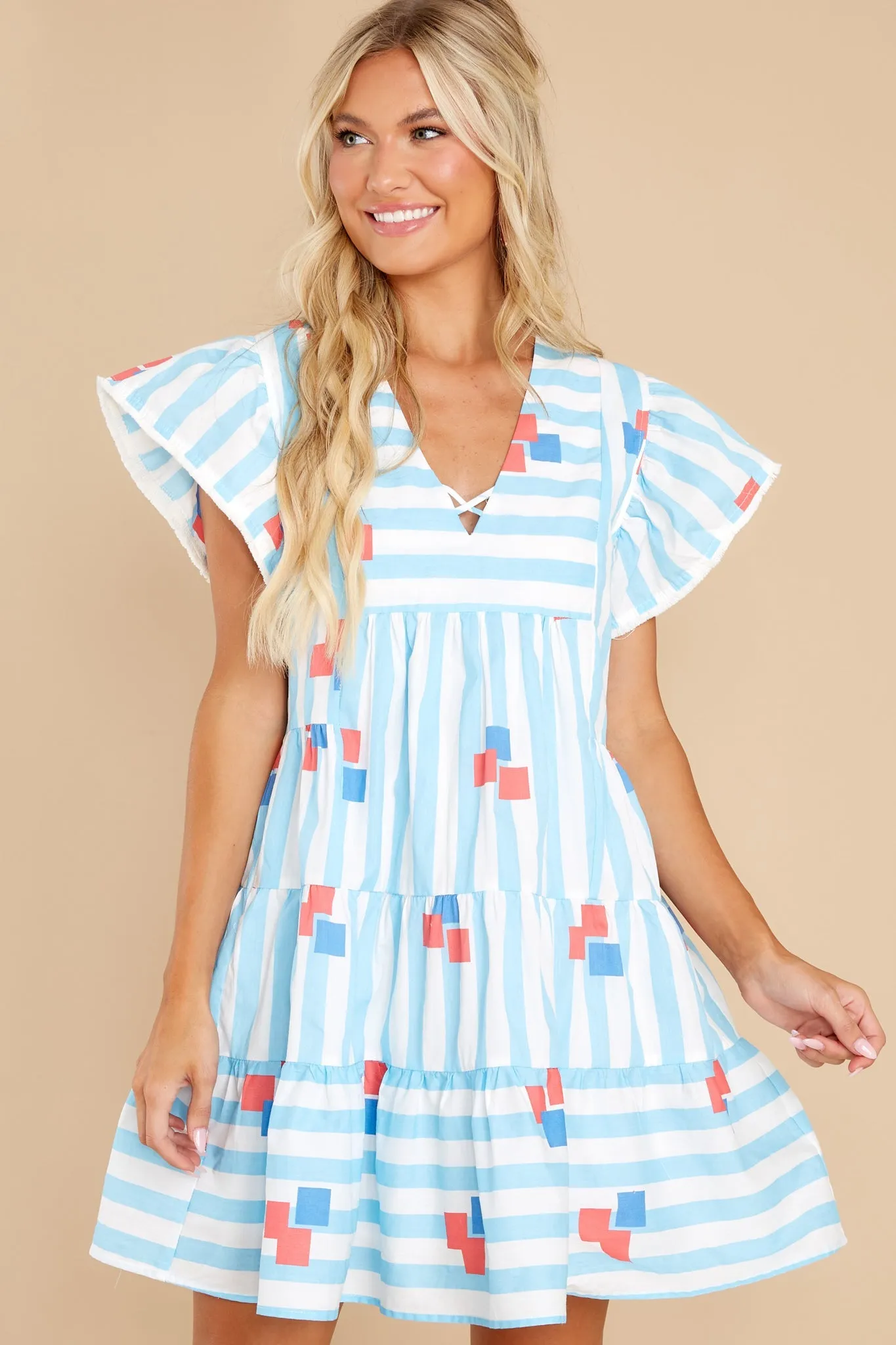 Riddle Me This Light Blue Multi Striped Dress